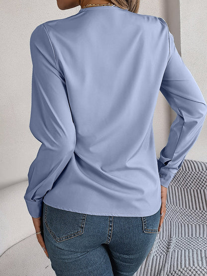 Solid Color Double Layer Breathable V Neck Long Sleeve Casual Business Work Blouse