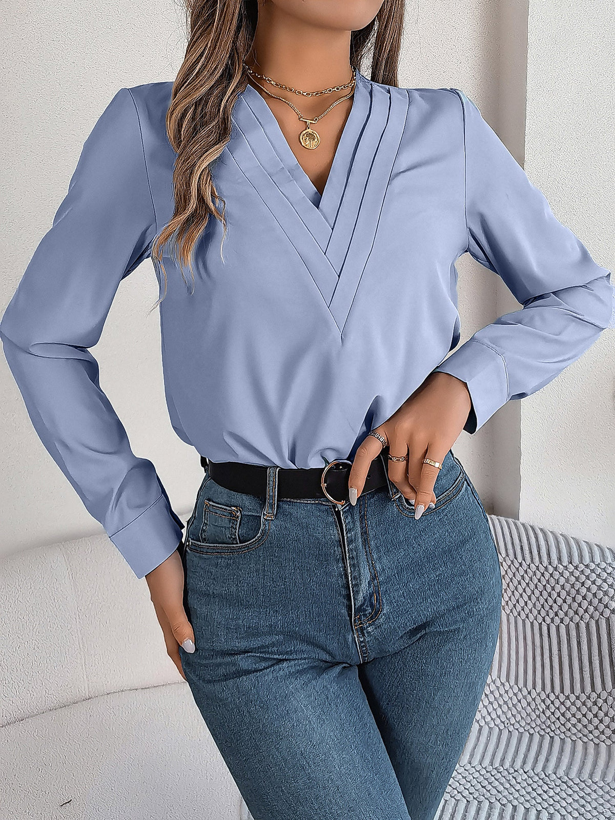 Solid Color Double Layer Breathable V Neck Long Sleeve Casual Business Work Blouse