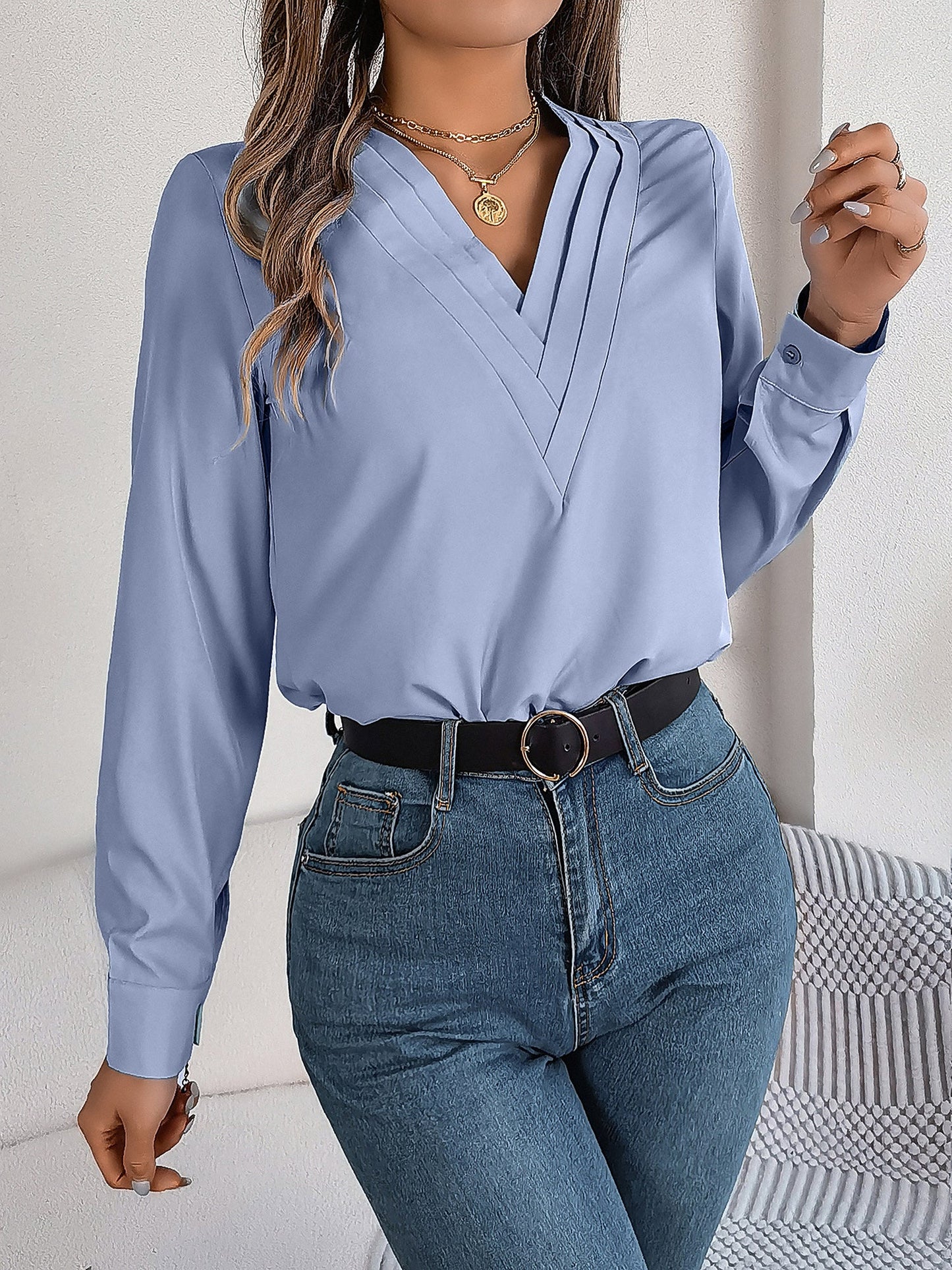 Solid Color Double Layer Breathable V Neck Long Sleeve Casual Business Work Blouse