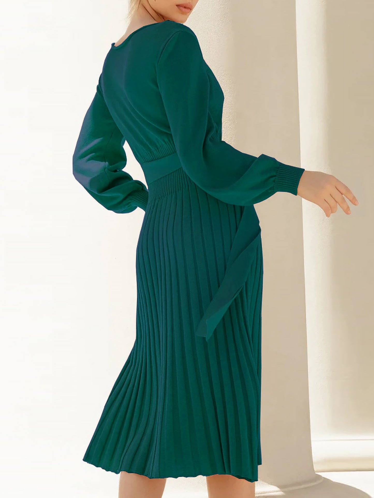 Long Sleeve Ribbed Knit Belted Pleated Midi Sweater Dress