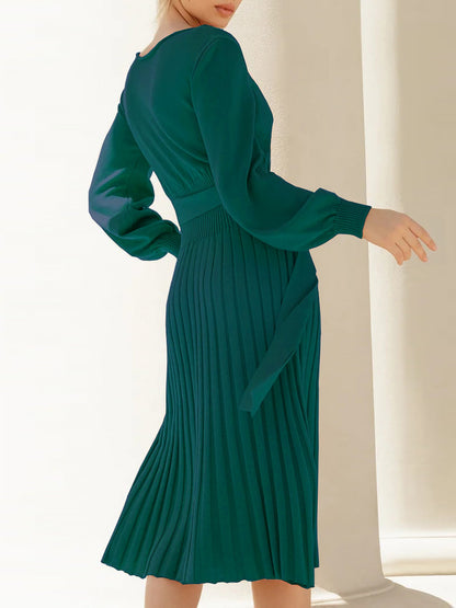 Long Sleeve Ribbed Knit Belted Pleated Midi Sweater Dress