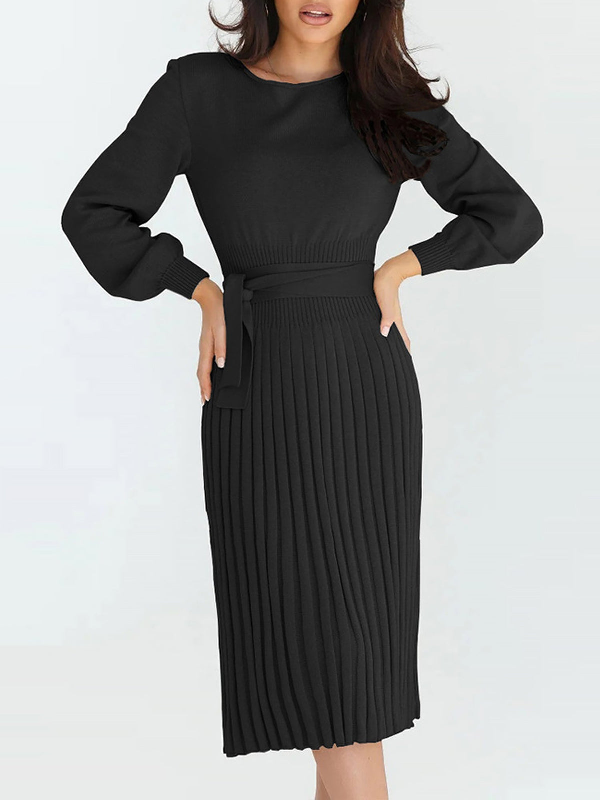 Long Sleeve Ribbed Knit Belted Pleated Midi Sweater Dress