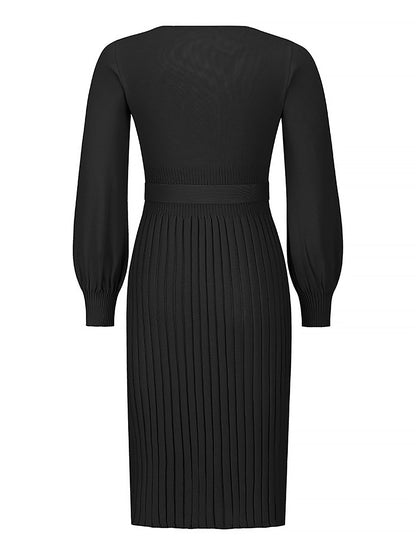 Long Sleeve Ribbed Knit Belted Pleated Midi Sweater Dress