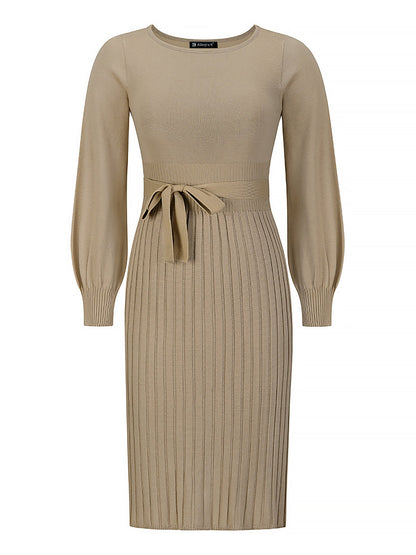 Long Sleeve Ribbed Knit Belted Pleated Midi Sweater Dress