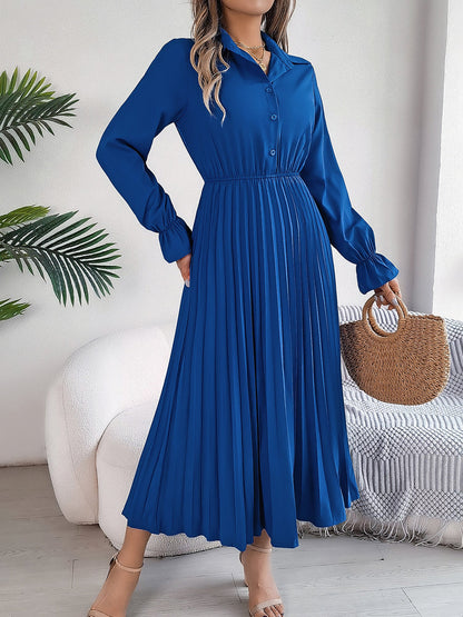 Collar Buttoned Long Sleeve Maxi Pleated Shirt Dress