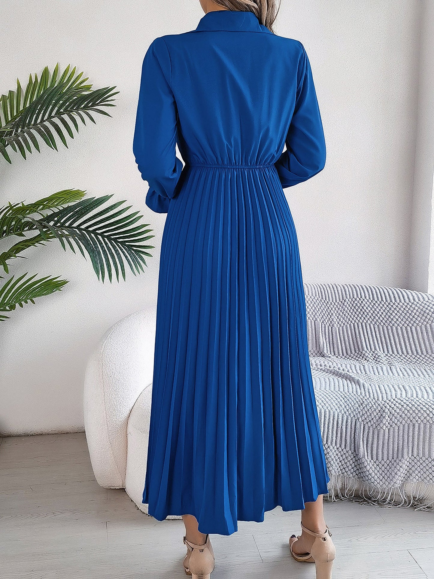 Collar Buttoned Long Sleeve Maxi Pleated Shirt Dress