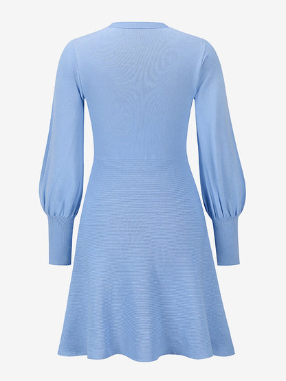 Long Sleeved Round Neck Solid Color Mini Sweater Dress