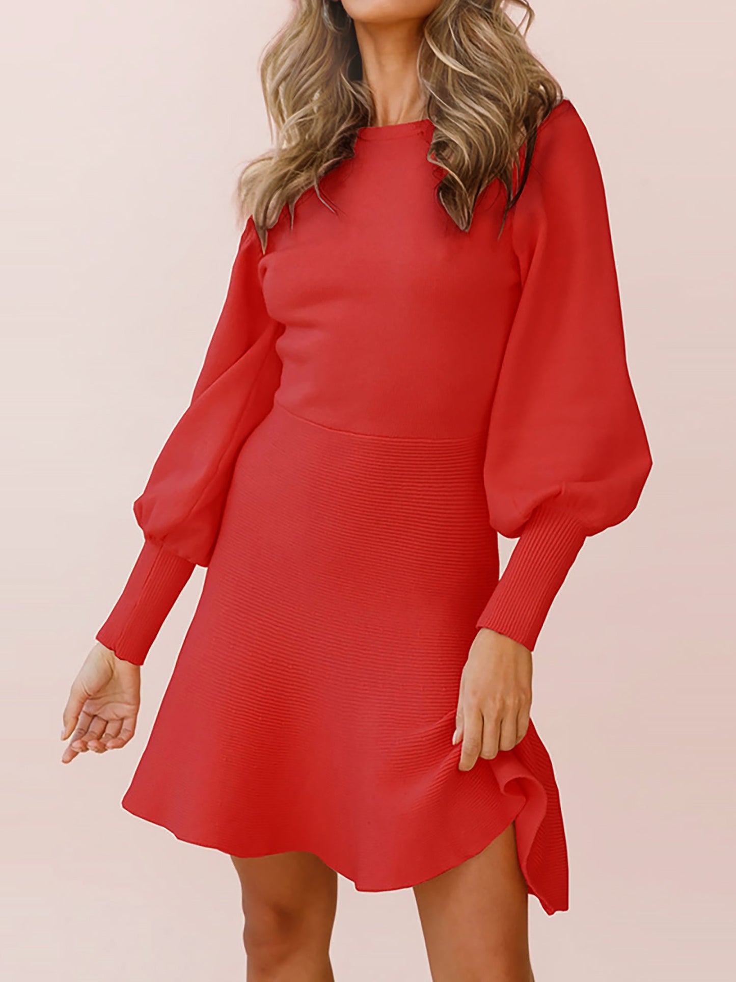 Long Sleeved Round Neck Solid Color Mini Sweater Dress