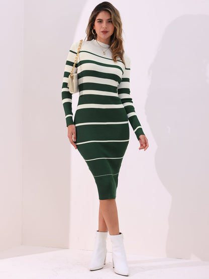 Striped Long Sleeve Bodycon Knit Midi Sweater Dress