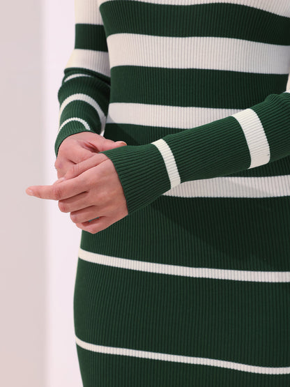 Striped Long Sleeve Bodycon Knit Midi Sweater Dress