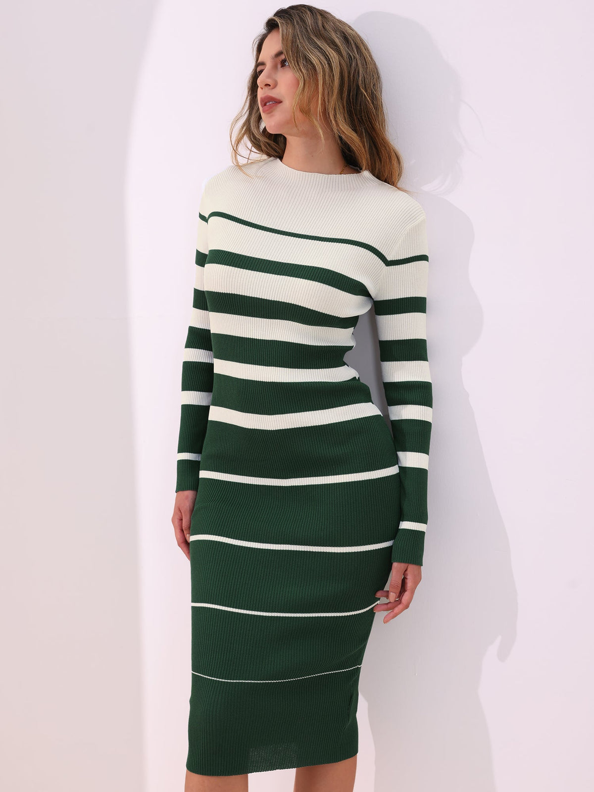 Striped Long Sleeve Bodycon Knit Midi Sweater Dress
