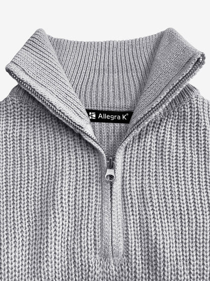 Polo Collar Zipper Long Sleeve Solid Color Casual Sweater