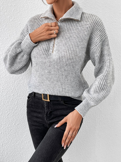 Polo Collar Zipper Long Sleeve Solid Color Casual Sweater