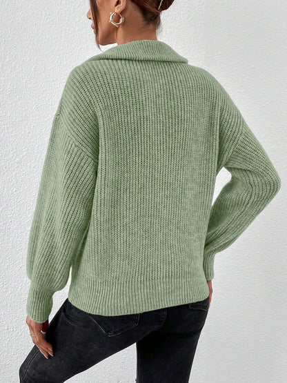Polo Collar Zipper Long Sleeve Solid Color Casual Sweater