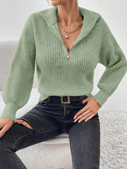 Polo Collar Zipper Long Sleeve Solid Color Casual Sweater