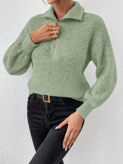 Polo Collar Zipper Long Sleeve Solid Color Casual Sweater