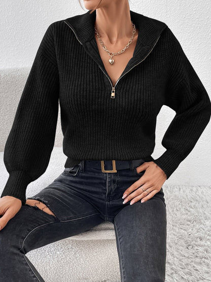Polo Collar Zipper Long Sleeve Solid Color Casual Sweater