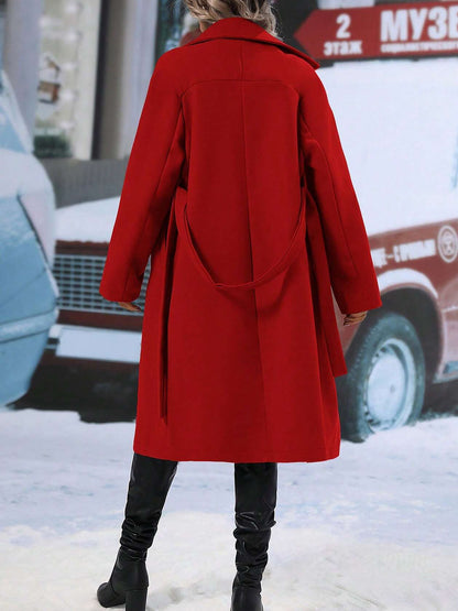 Solid Color Notched Lapel Double Breasted Belted Long Pea Coat