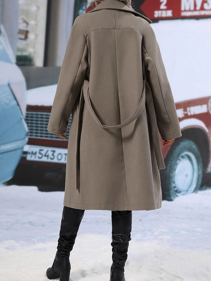 Solid Color Notched Lapel Double Breasted Belted Long Pea Coat