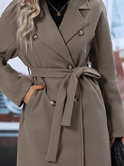 Solid Color Notched Lapel Double Breasted Belted Long Pea Coat