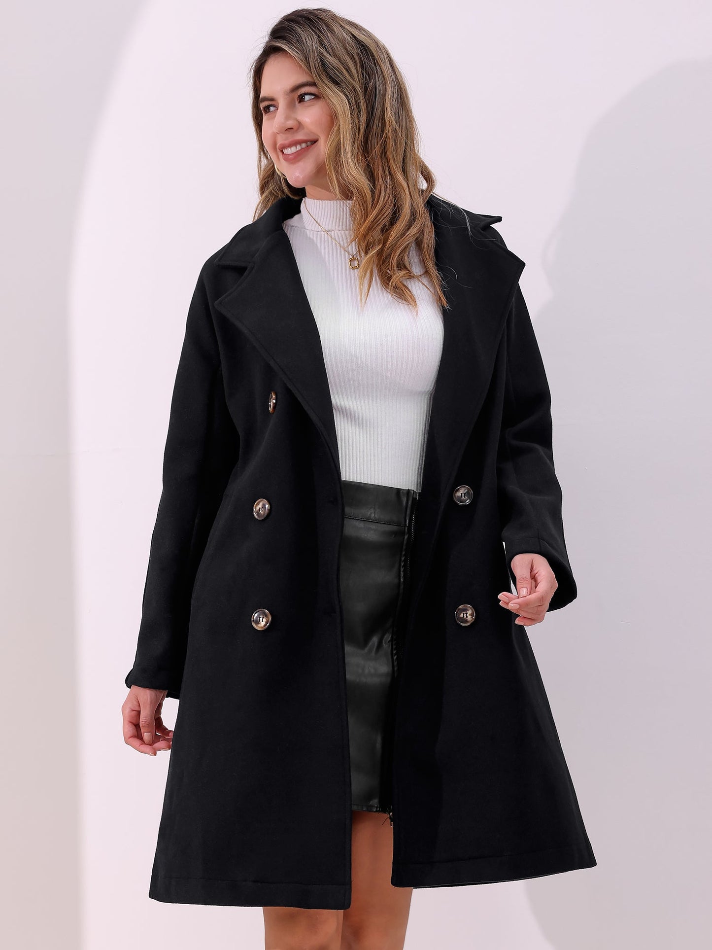Solid Color Notched Lapel Double Breasted Belted Long Pea Coat