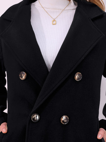 Solid Color Notched Lapel Double Breasted Belted Long Pea Coat