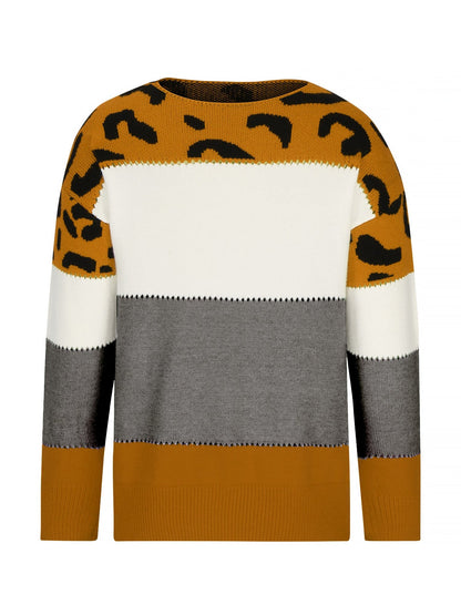 Leopard Colorblock Crew Neck Long Sleeve Casual Sweater