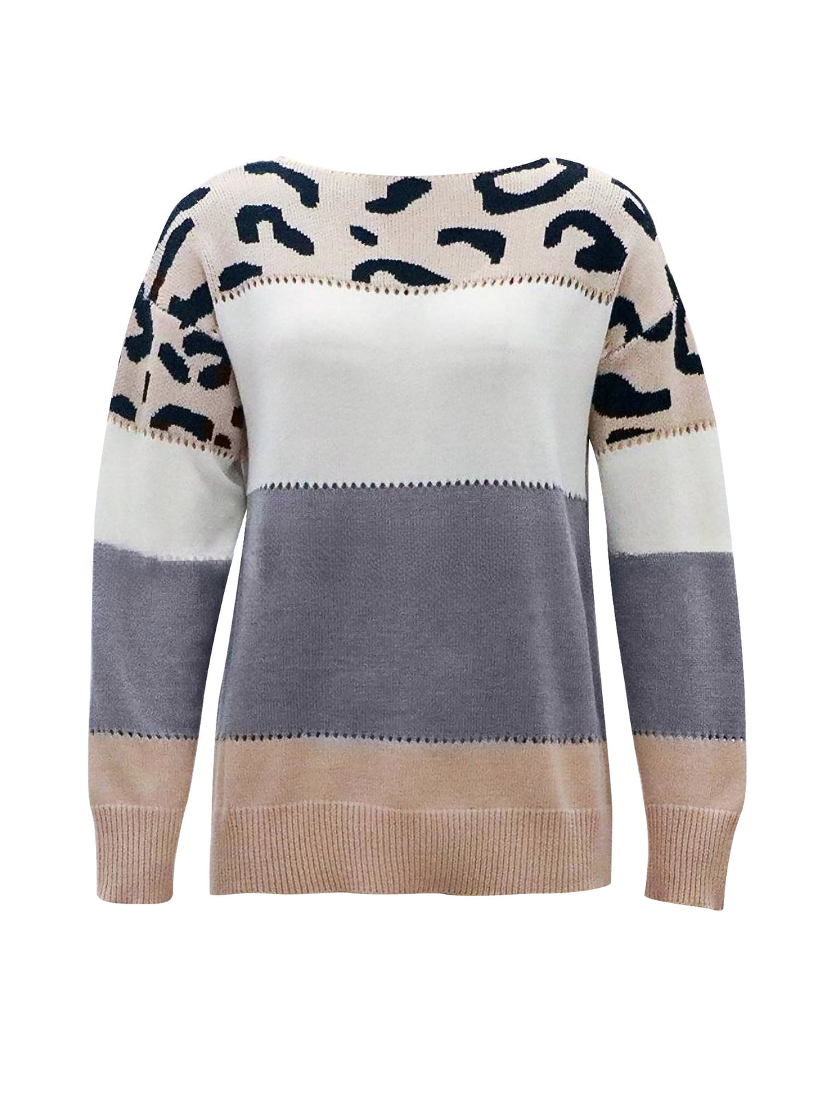 Leopard Colorblock Crew Neck Long Sleeve Casual Sweater