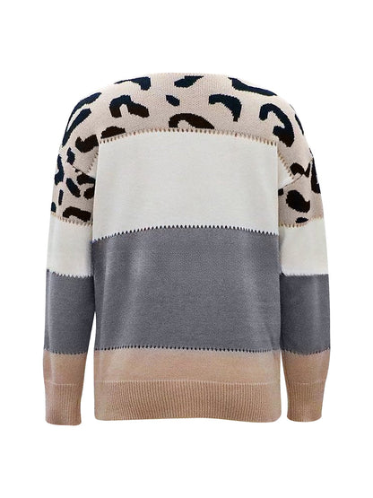 Leopard Colorblock Crew Neck Long Sleeve Casual Sweater