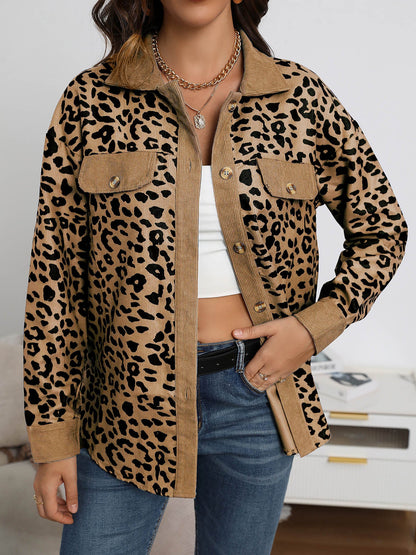 Leopard Textured Long Sleeve Collar Shacket Shirt