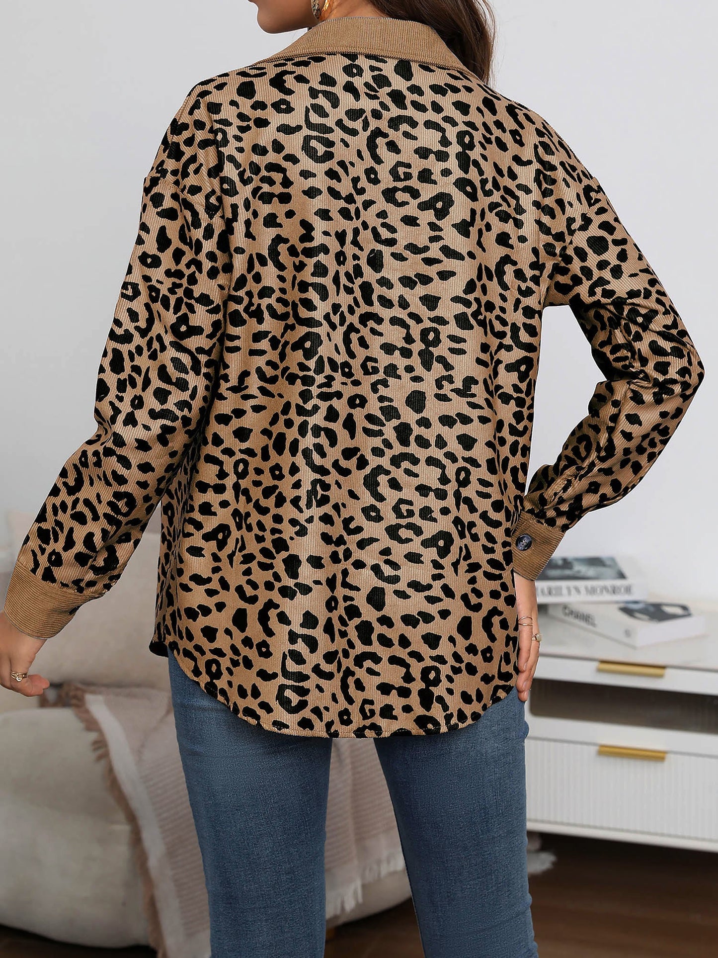 Leopard Textured Long Sleeve Collar Shacket Shirt