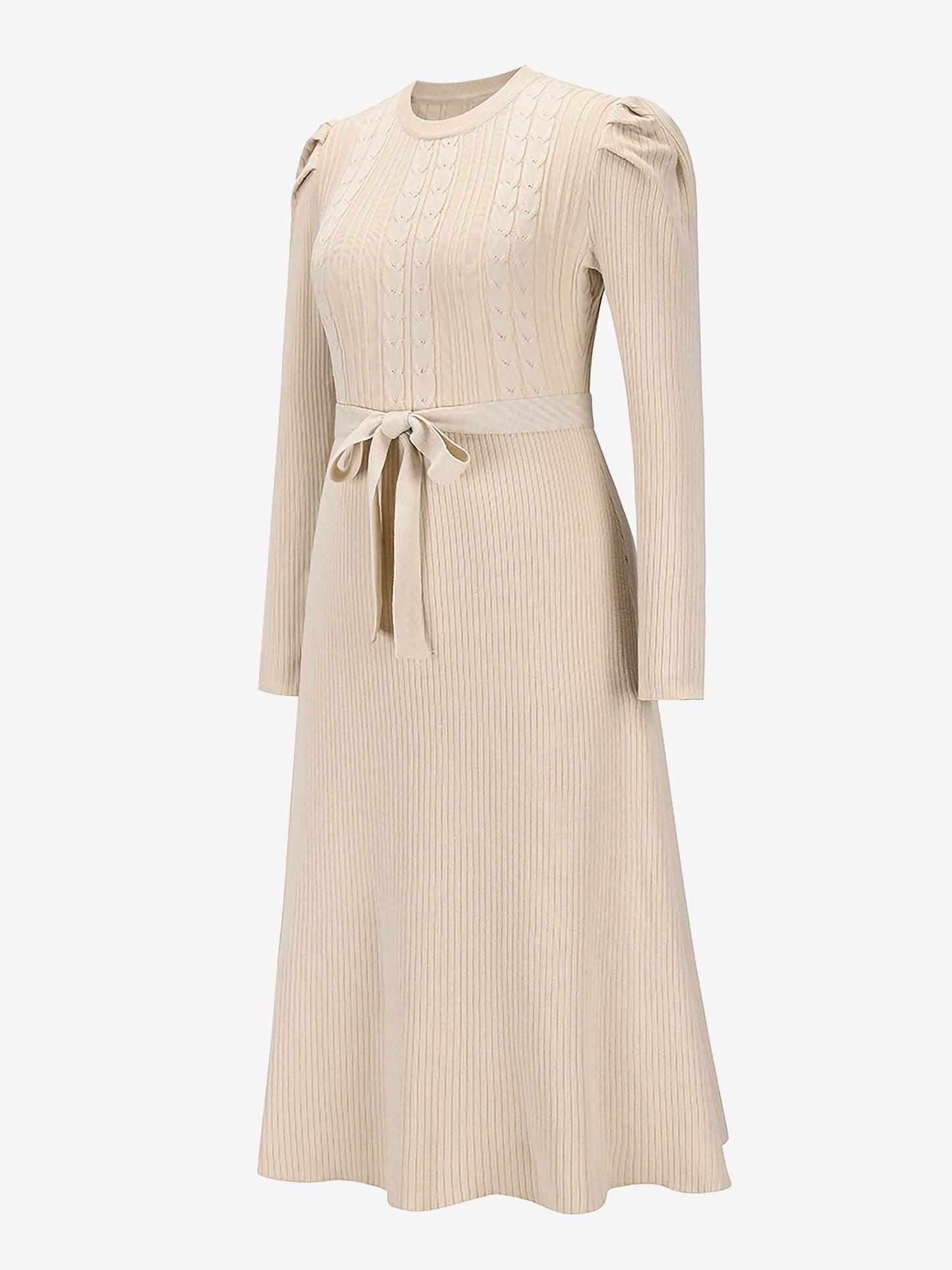 Puff Long Sleeves Knitted Lace-Up Midi Sweater Dress