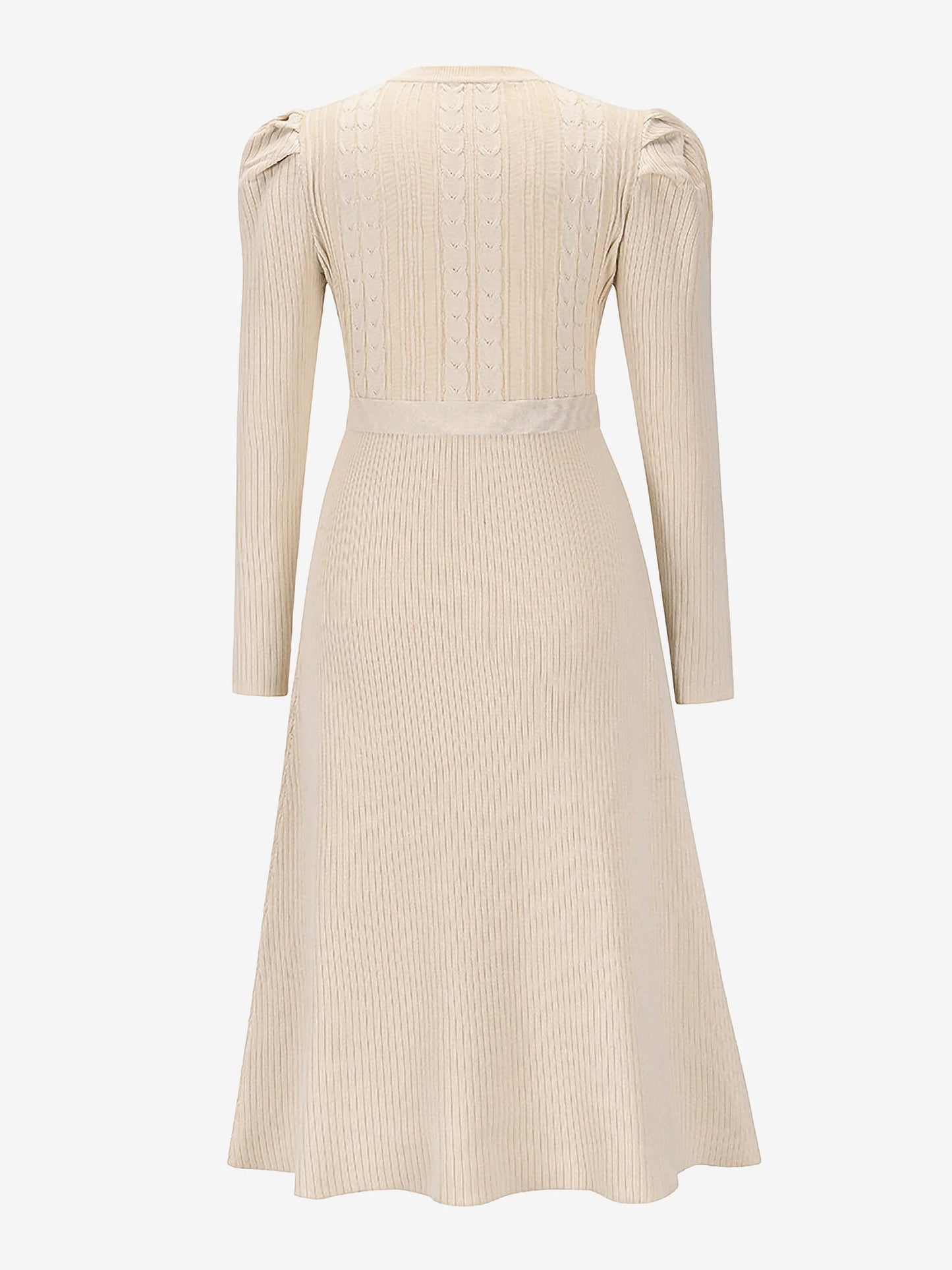Puff Long Sleeves Knitted Lace-Up Midi Sweater Dress
