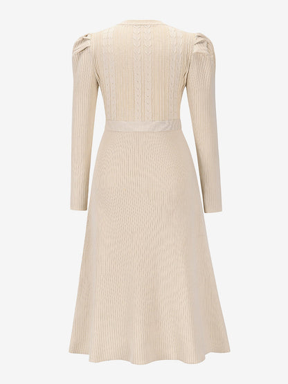 Puff Long Sleeves Knitted Lace-Up Midi Sweater Dress