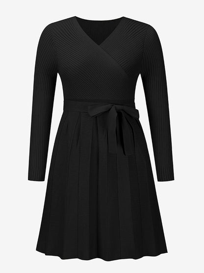 V Neck Pleated Knitted Long Sleeves Mini Sweater Dress