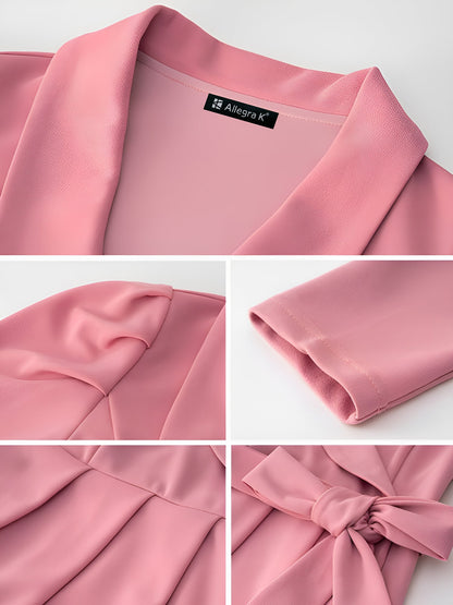 Tailored Collar & Elastic Lace-Up Waist Solid Color Shawl Collar Long Sleeves Office Chic Mini Dress