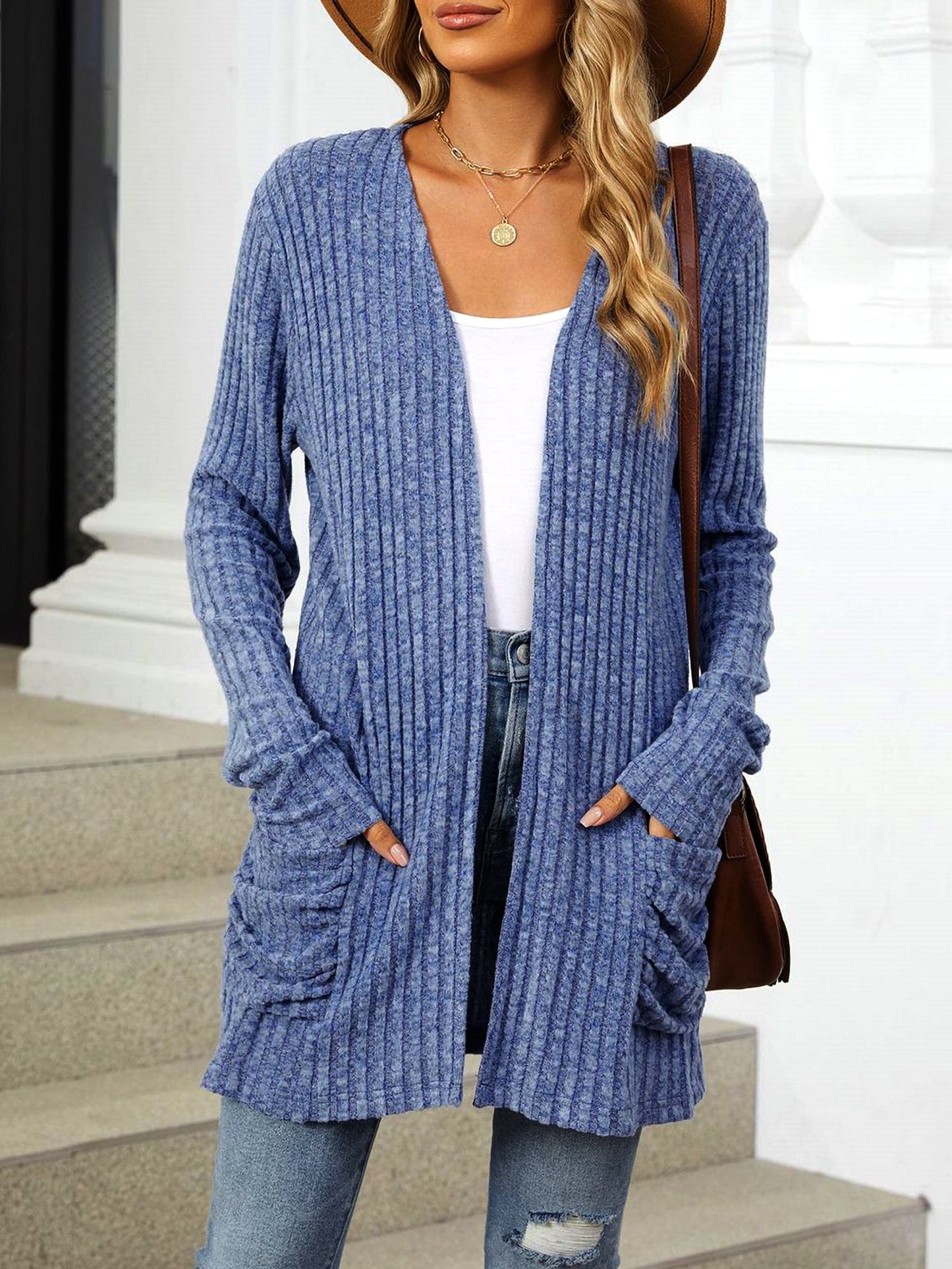 Cozy Knit Solid Color Pocket Long Sleeve Mid Length Casual Cardigan