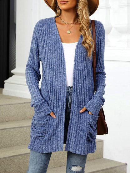Cozy Knit Solid Color Pocket Long Sleeve Mid Length Casual Cardigan