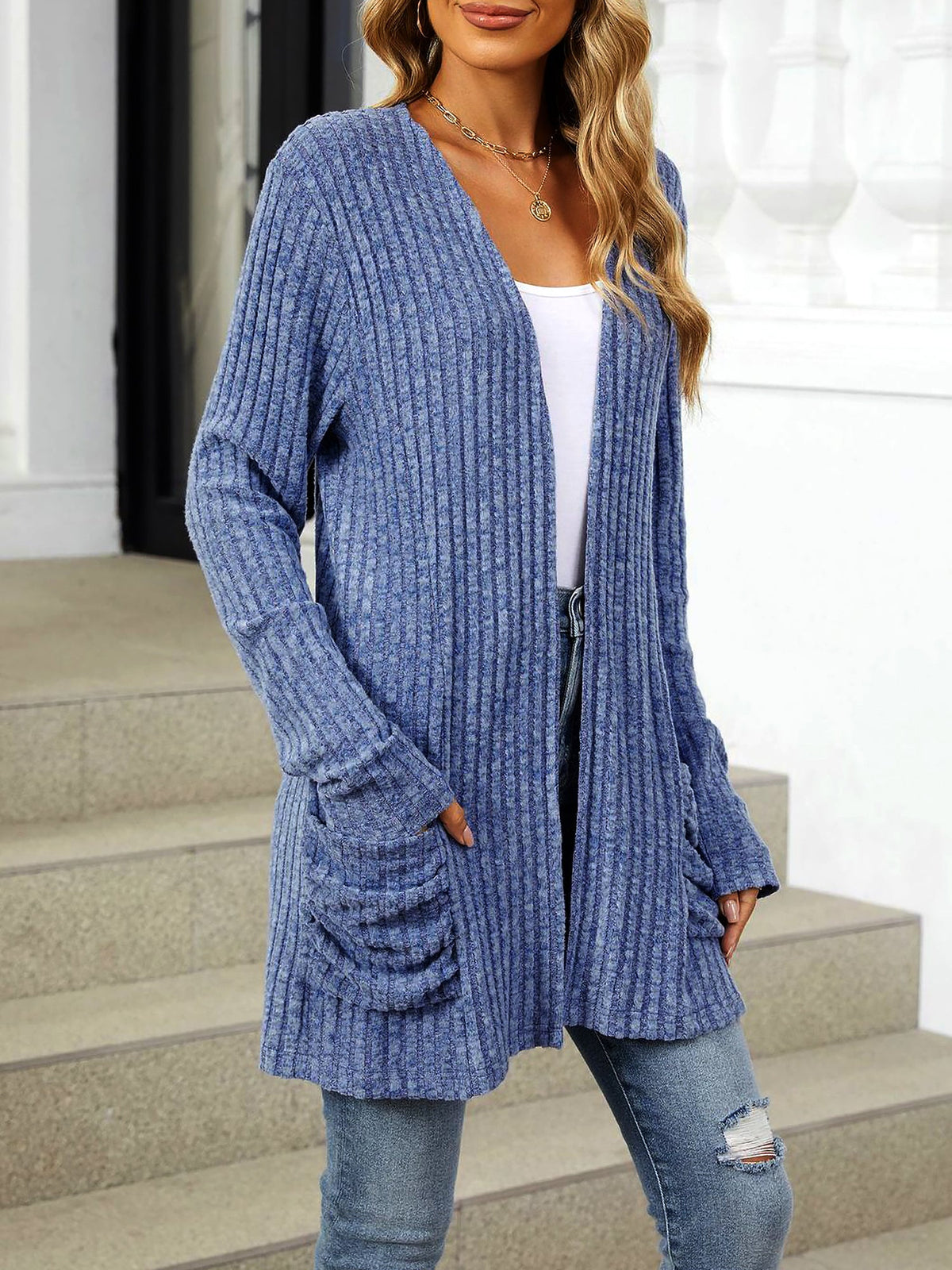 Cozy Knit Solid Color Pocket Long Sleeve Mid Length Casual Cardigan