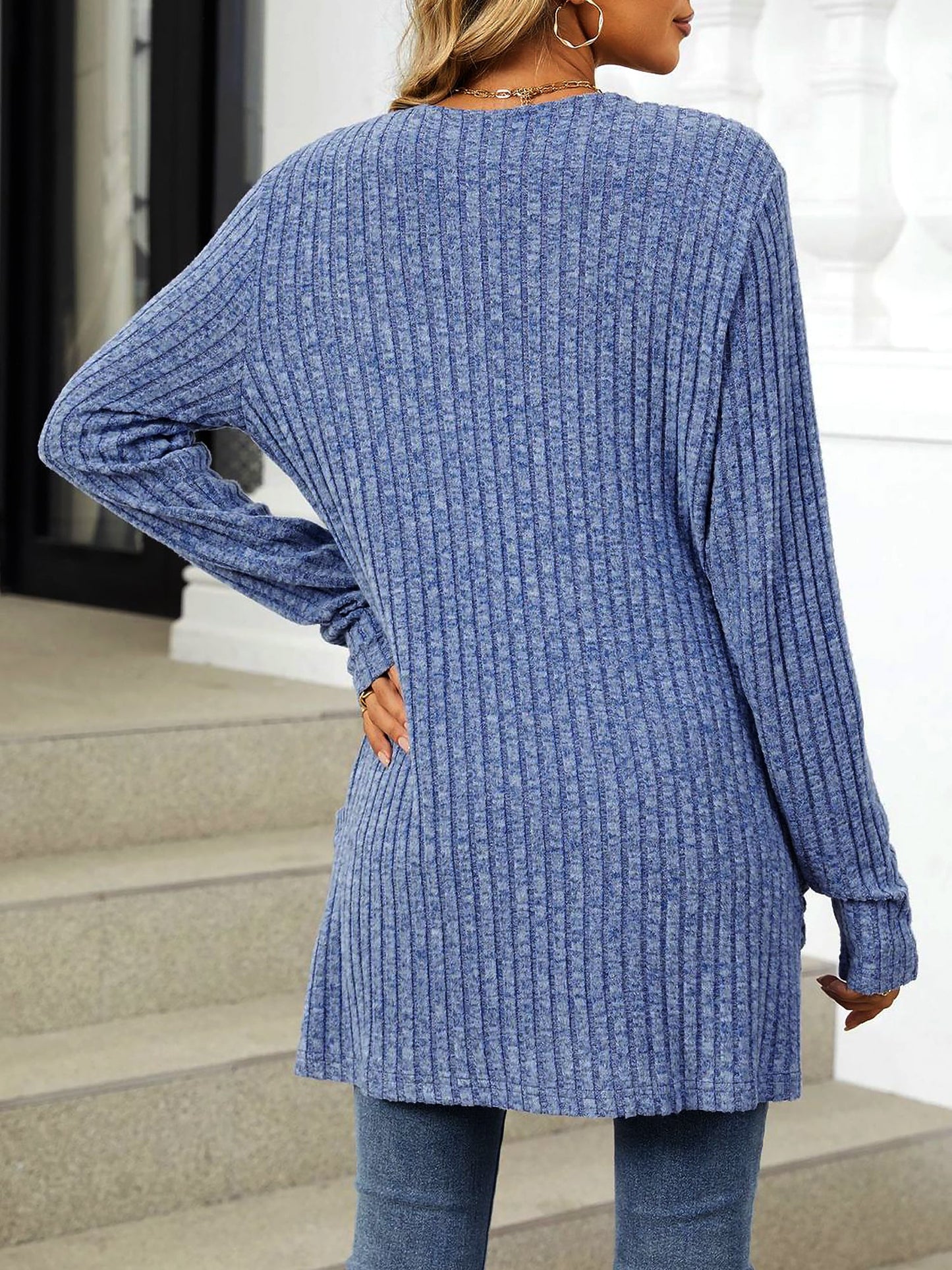 Cozy Knit Solid Color Pocket Long Sleeve Mid Length Casual Cardigan