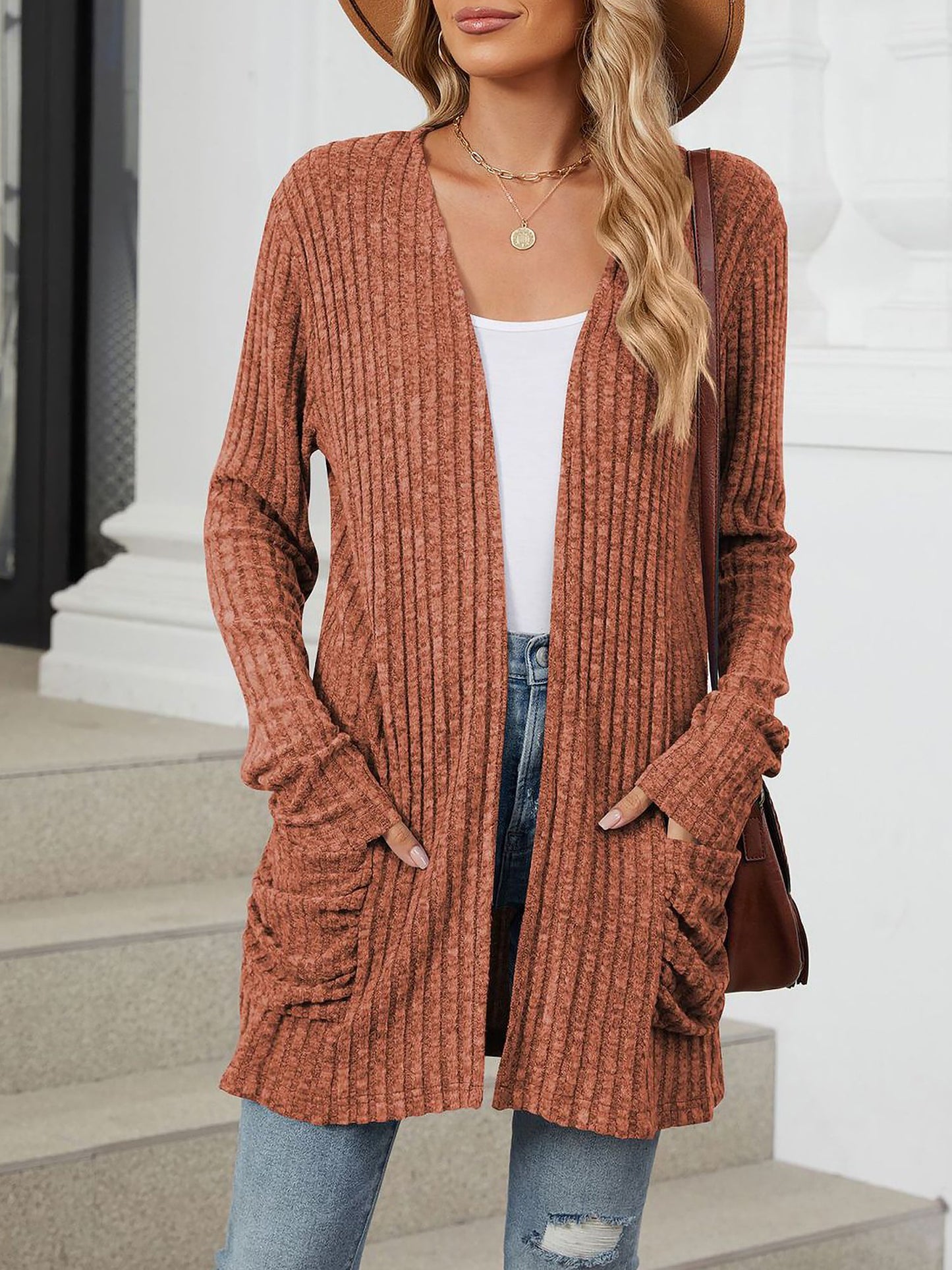 Cozy Knit Solid Color Pocket Long Sleeve Mid Length Casual Cardigan