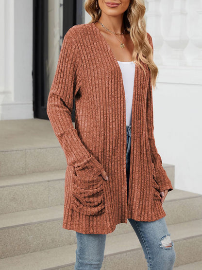 Cozy Knit Solid Color Pocket Long Sleeve Mid Length Casual Cardigan