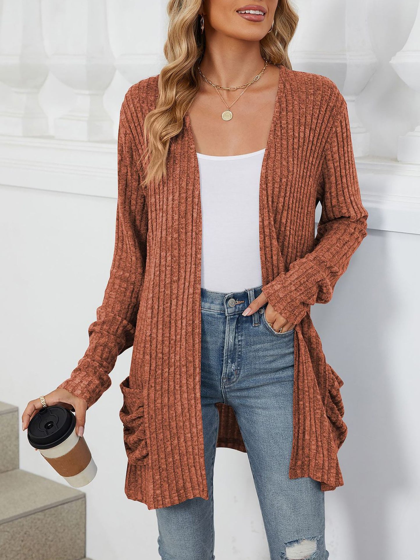 Cozy Knit Solid Color Pocket Long Sleeve Mid Length Casual Cardigan