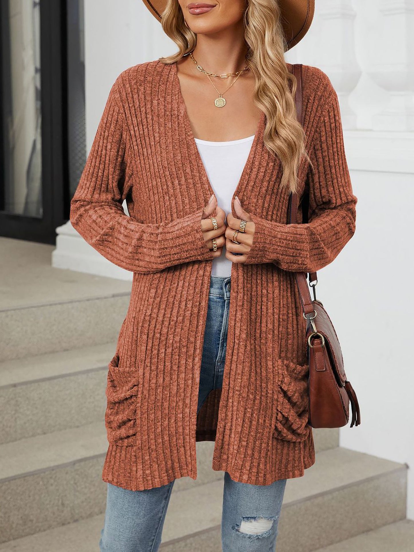 Cozy Knit Solid Color Pocket Long Sleeve Mid Length Casual Cardigan