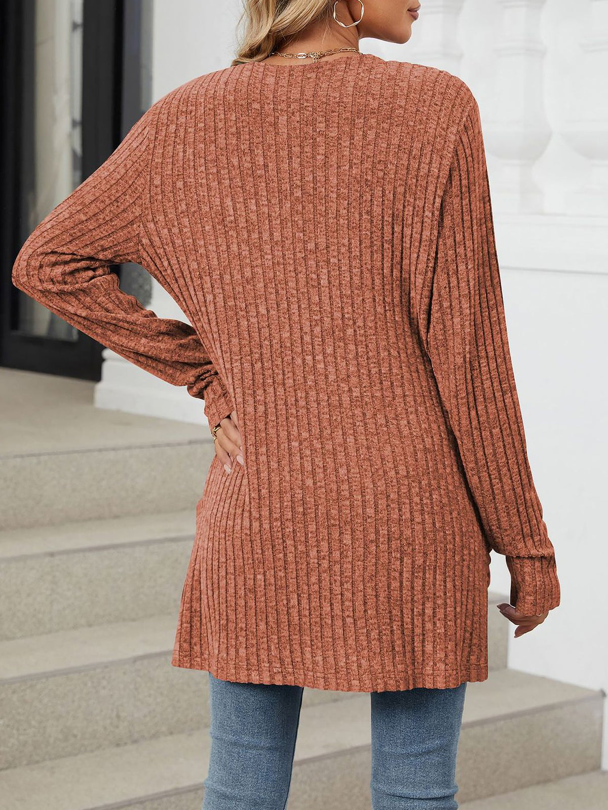 Cozy Knit Solid Color Pocket Long Sleeve Mid Length Casual Cardigan