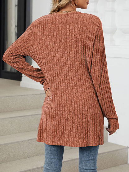 Cozy Knit Solid Color Pocket Long Sleeve Mid Length Casual Cardigan