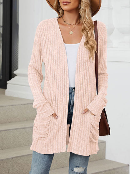 Cozy Knit Solid Color Pocket Long Sleeve Mid Length Casual Cardigan