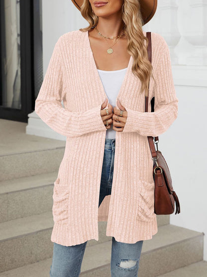 Cozy Knit Solid Color Pocket Long Sleeve Mid Length Casual Cardigan