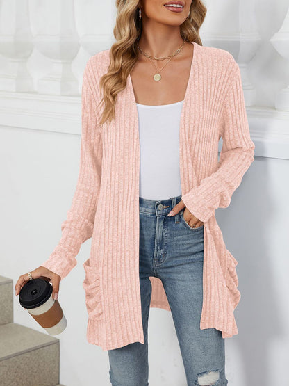 Cozy Knit Solid Color Pocket Long Sleeve Mid Length Casual Cardigan