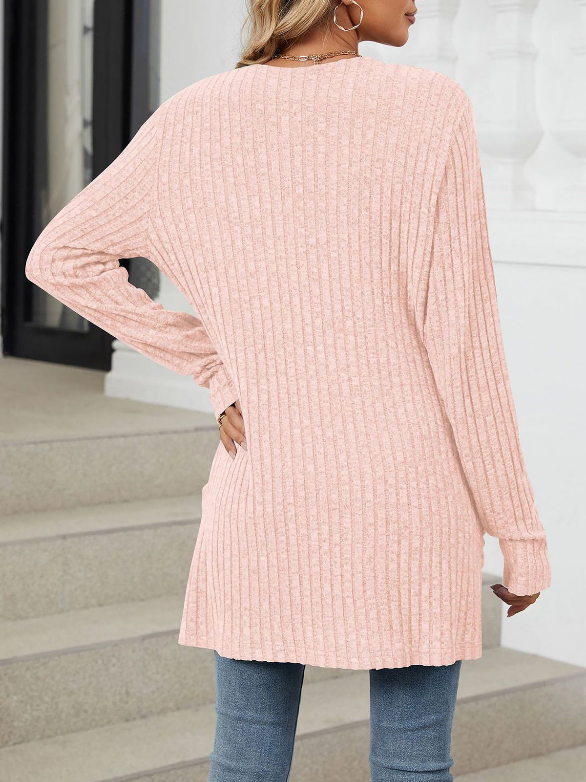 Cozy Knit Solid Color Pocket Long Sleeve Mid Length Casual Cardigan